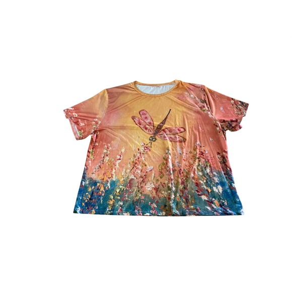 Unbranded Tops - Womens Dragonfly Oil Painting Print T-Shirt Short Sleeve Orange Blue Size 7XL
